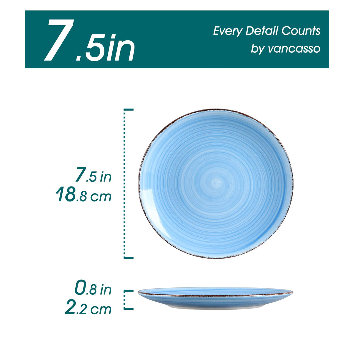 Edge-detail close-up shows brown line accenting Bonita blue plates for an elegant table setting