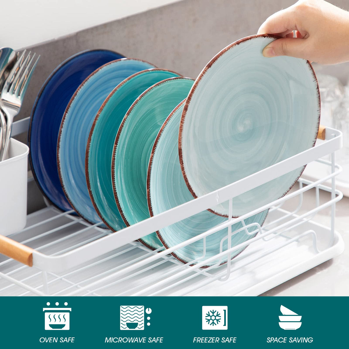 Gloss finish shot demonstrates long-lasting glaze and easy cleaning on Bonita Blue