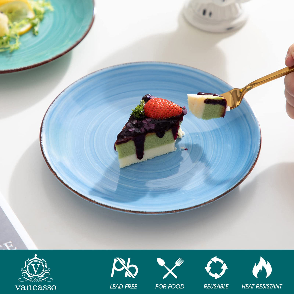 Swirl-design close view emphasizes playful yet refined style on Bonita blue plates