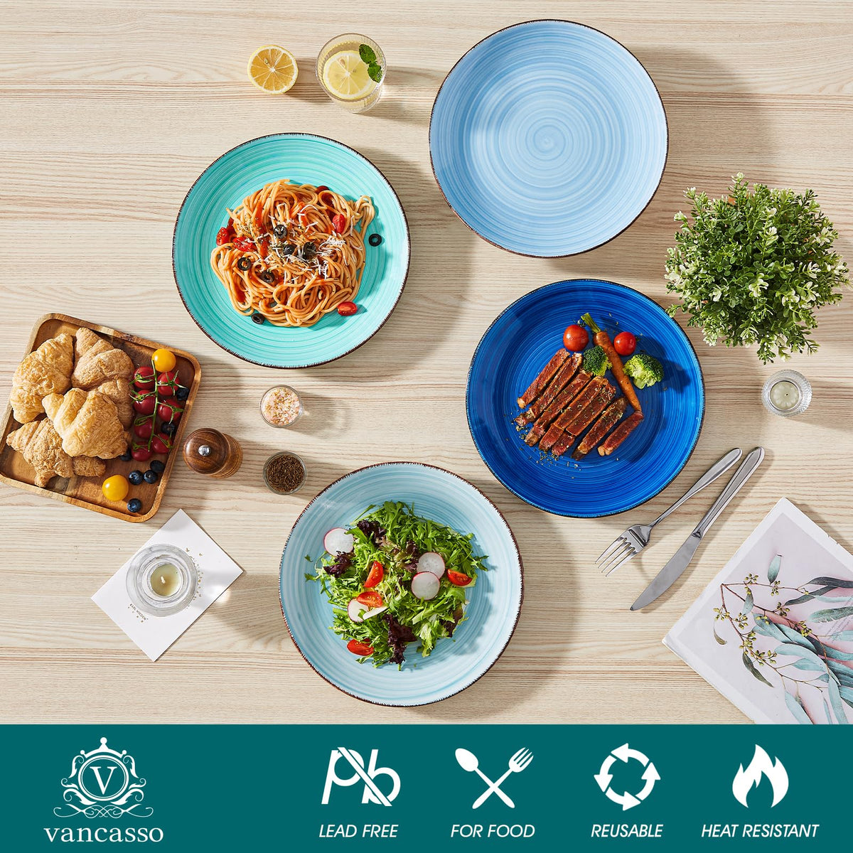 Stacked Vancasso Bonita plates demonstrating space-saving, stackable design.