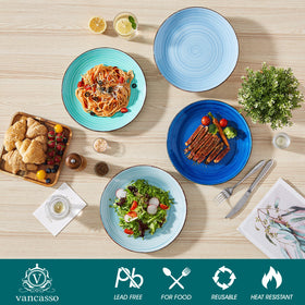 Stacked Vancasso Bonita plates demonstrating space-saving, stackable design.