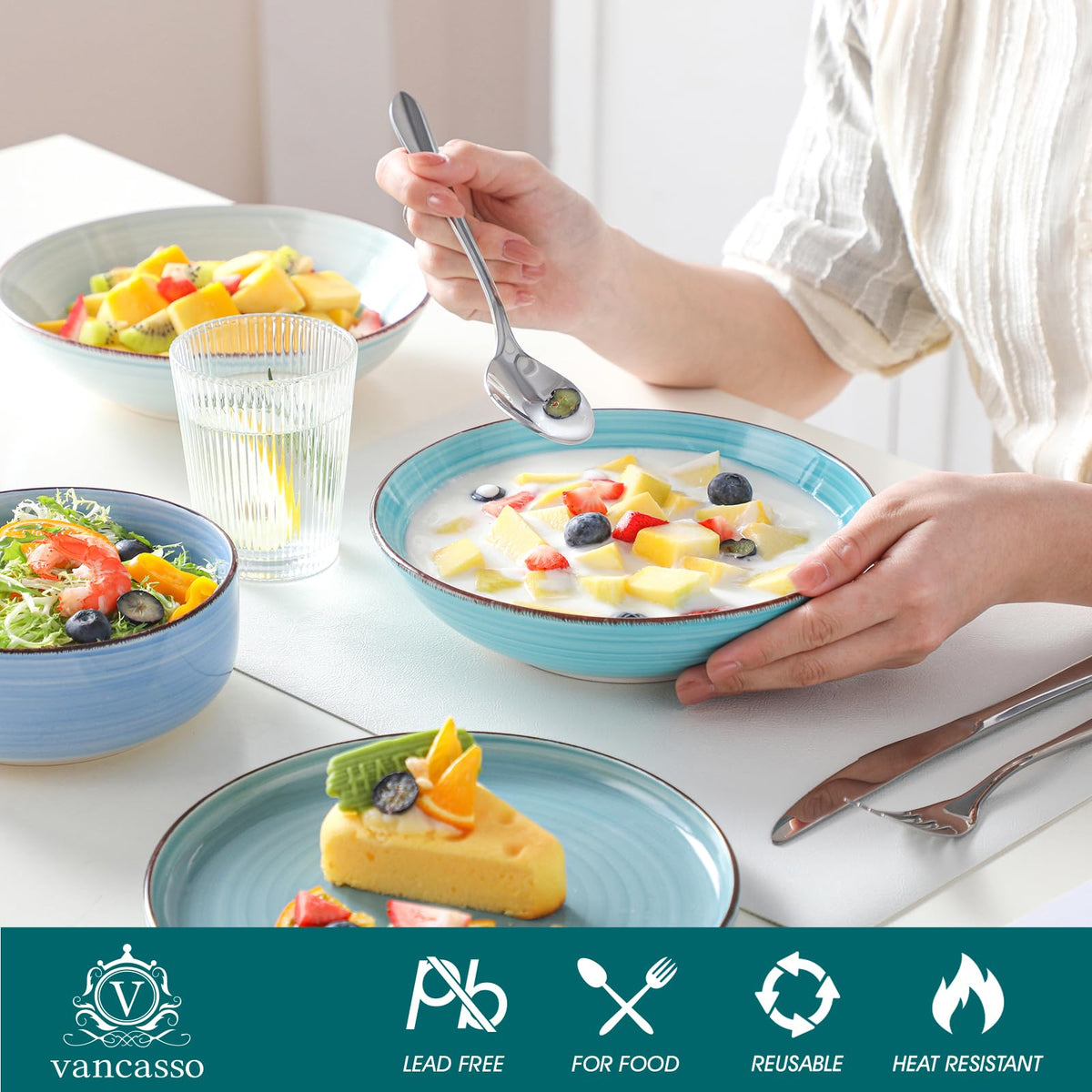Vancasso Bonita cereal bowls reveal generous 24 oz capacity for soups and cereals.