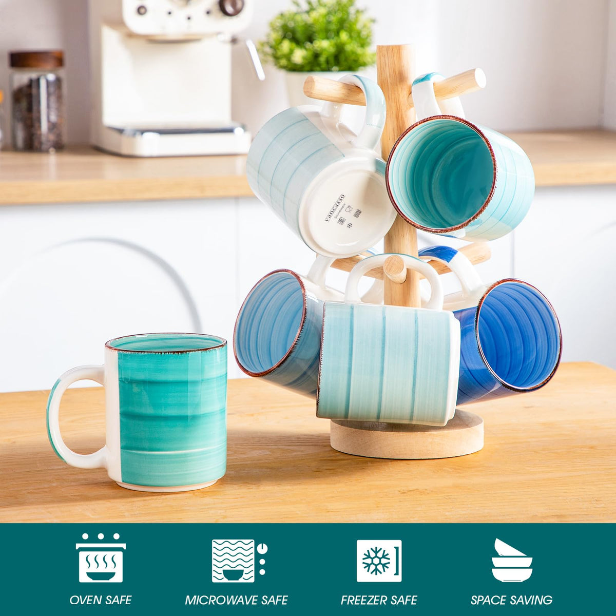 Bonita mug shown in dishwasher and microwave-safe design for easy cleaning.