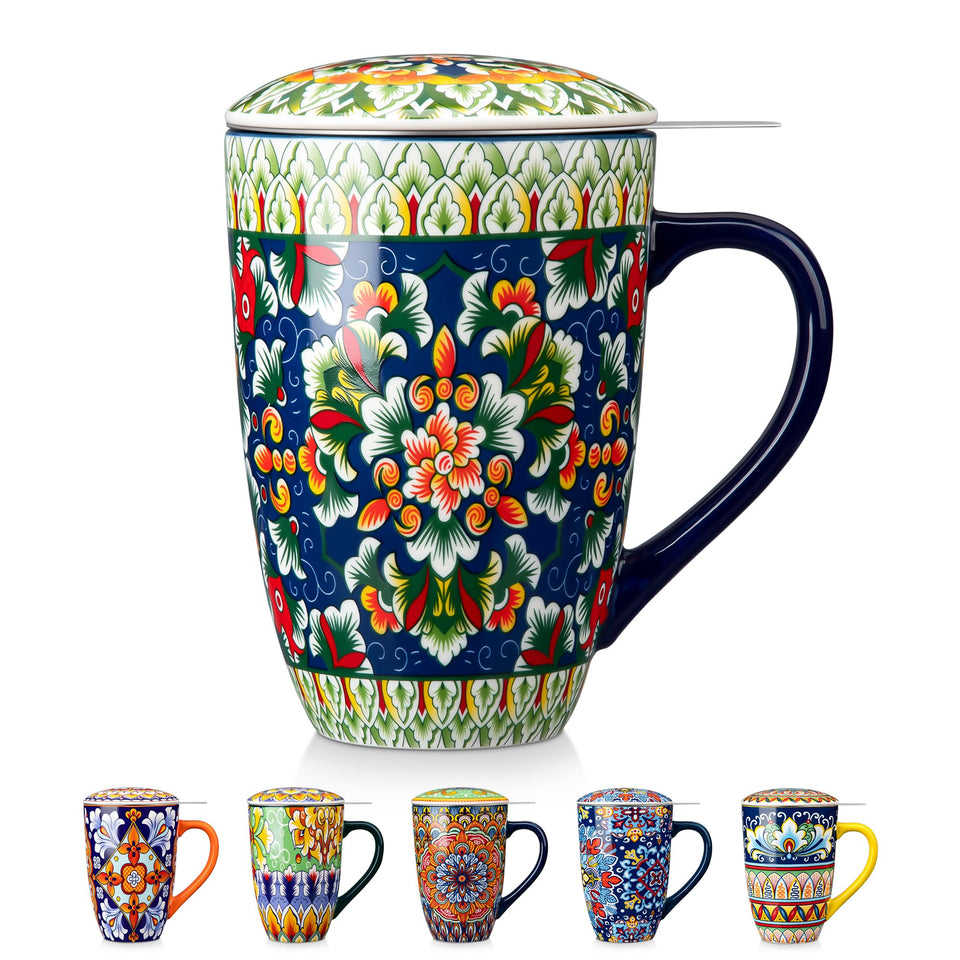 Vancasso ceramic tea mug with infuser shows generous 18oz capacity.
