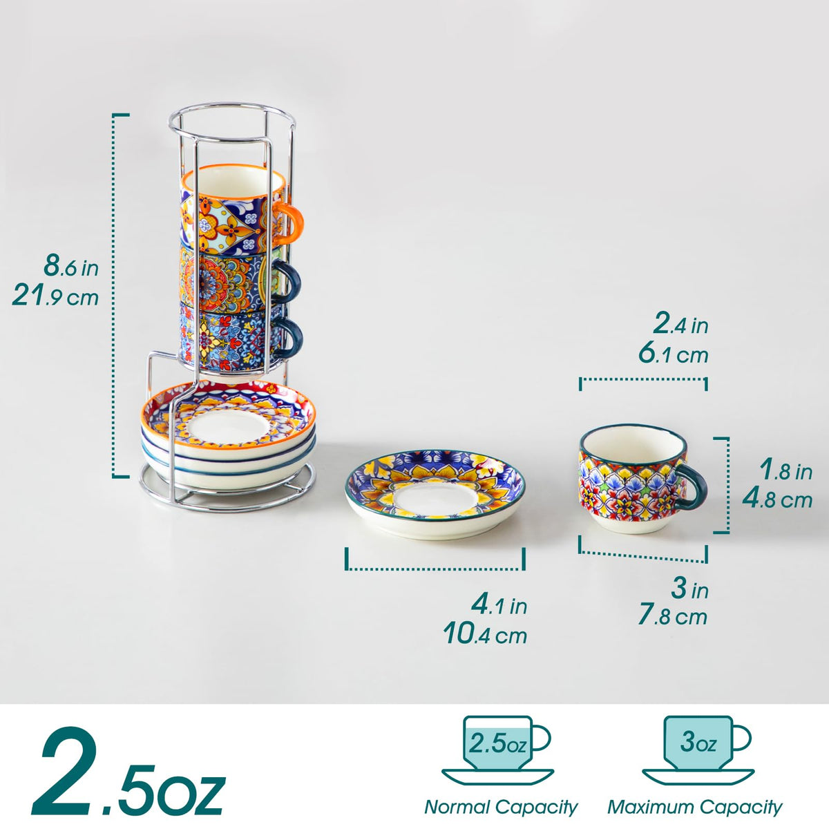 Vancasso espresso cups with saucers and metal stand for organized counter display