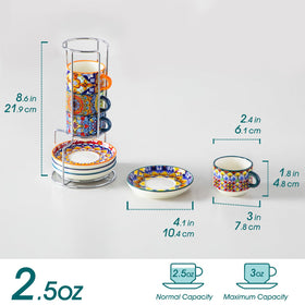 Vancasso espresso cups with saucers and metal stand for organized counter display