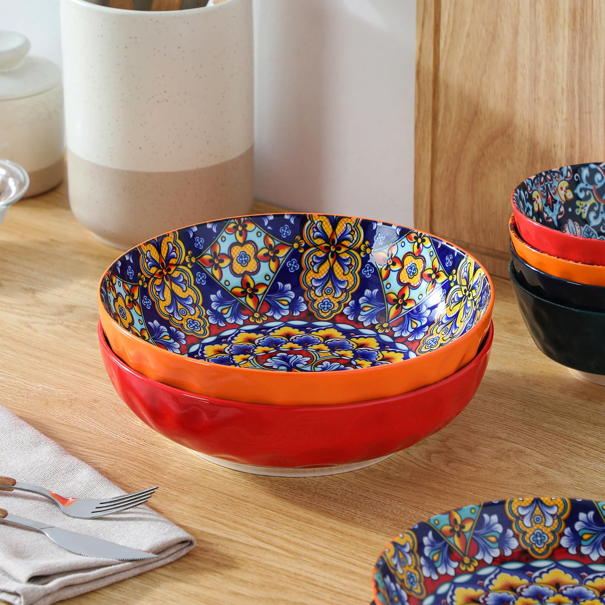 Vancasso large serving bowl boho red pattern perfect for salads or party spreads