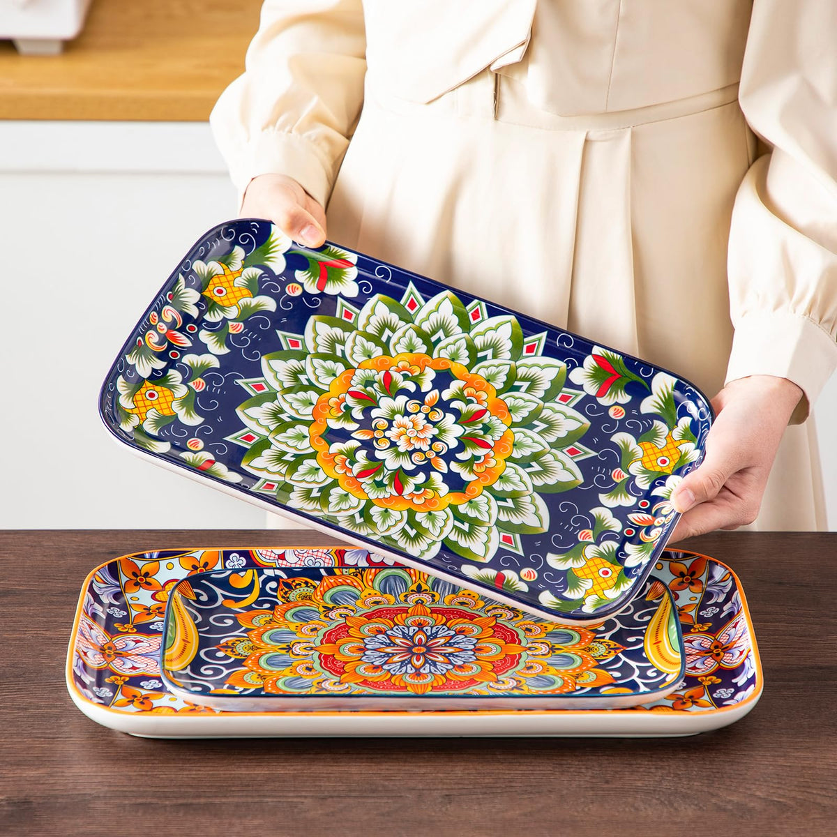 Vancasso microwave-safe ceramic platter handles hot dishes with ease.