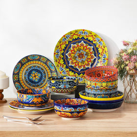 Vancasso bowls on open shelves adding color to kitchen decor