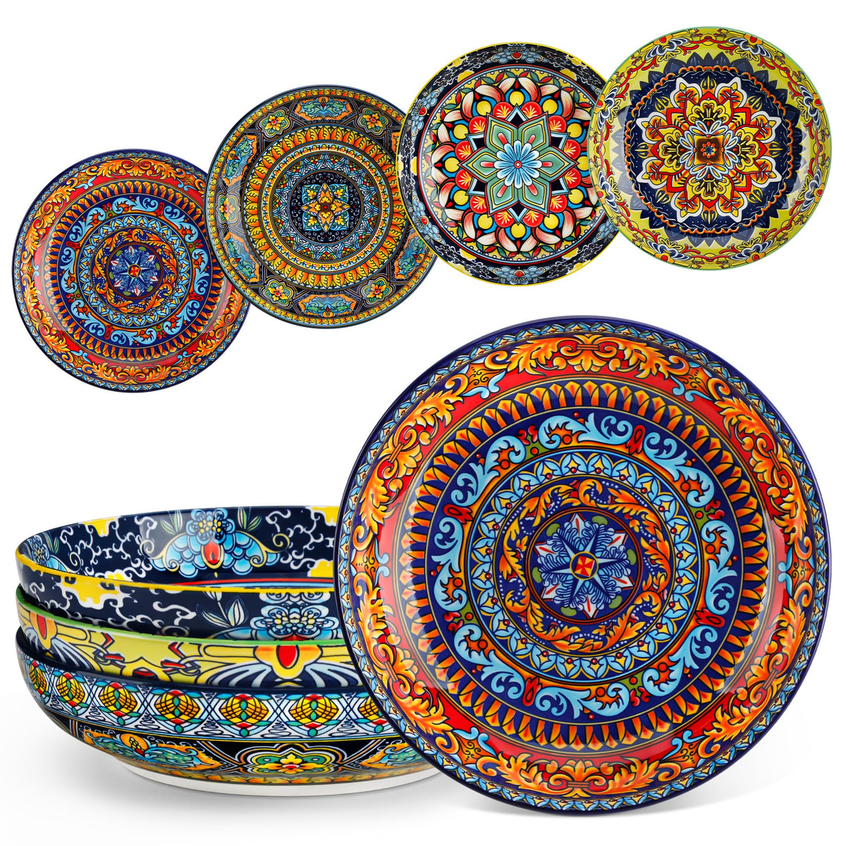 Vancasso pasta bowls set4 with 8.7-inch diameter, vibrant bohemian pattern for colorful meals