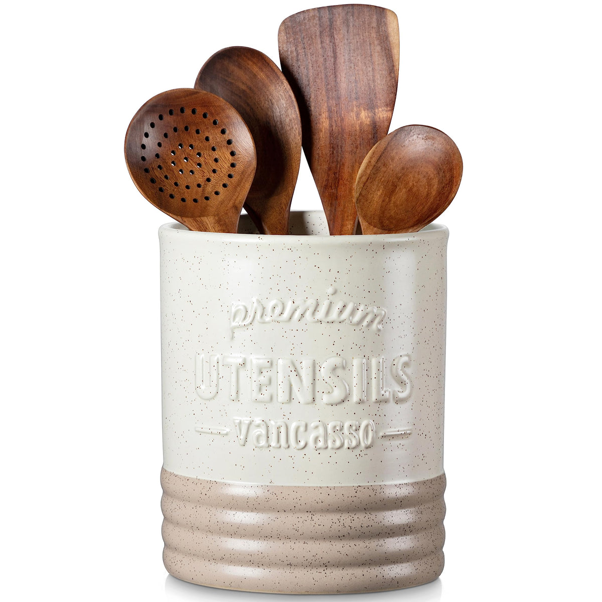 Sabine utensil holder front view highlights sturdy stoneware for everyday counter organization