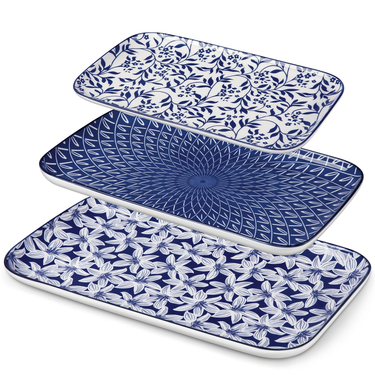 Vancasso Selene 16-inch serving tray displaying main dishes with a sleek, stackable silhouette.