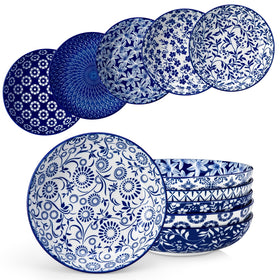 Vancasso Selene 8.5-inch pasta bowls with blue floral design for pasta and salads.