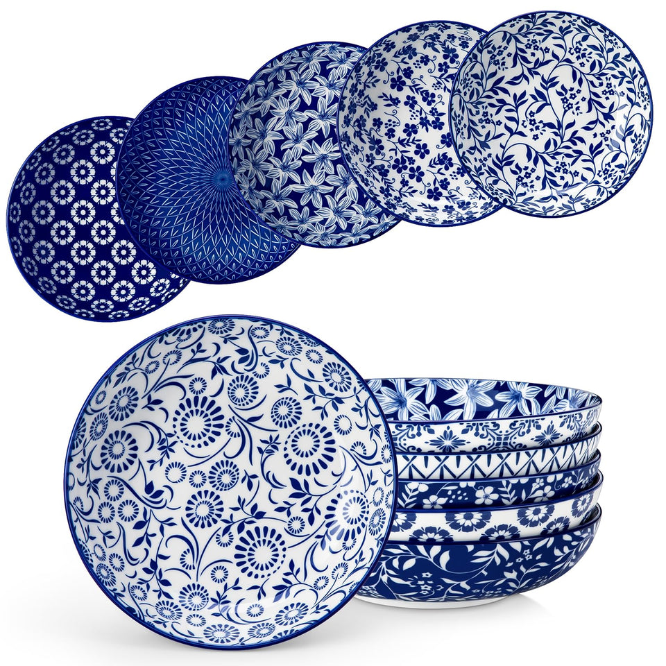 Vancasso Selene 8.5-inch pasta bowls with blue floral design for pasta and salads.