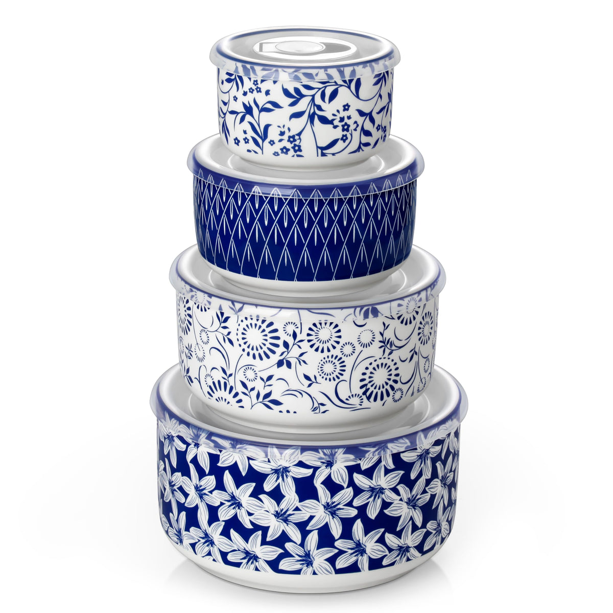 Vancasso SELENE ceramic nesting bowls with lids in varied sizes for meal prep and storage.