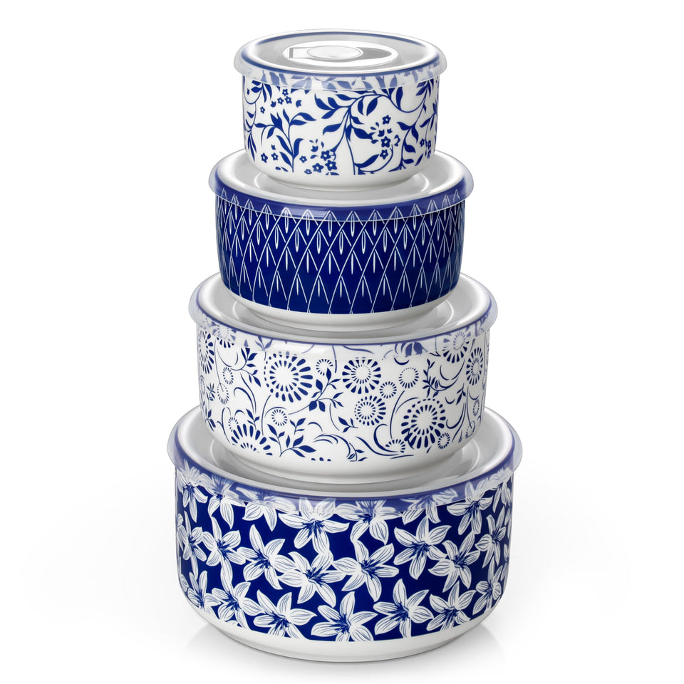 Vancasso SELENE ceramic nesting bowls with lids in varied sizes for meal prep and storage.