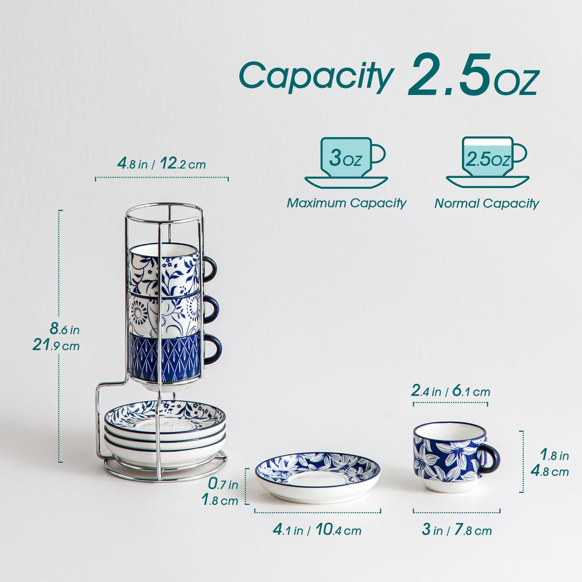 Vancasso Selene metal stand showcasing the stackable espresso set.