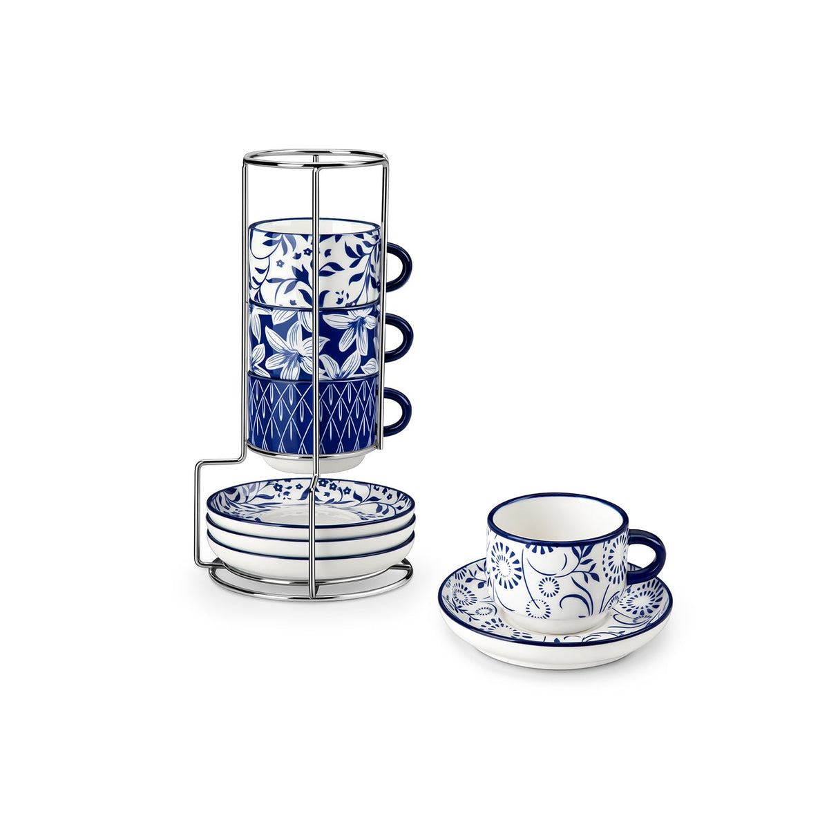 Vancasso Selene Vintage Blue espresso cups with stand, ideal for elegant espresso service.