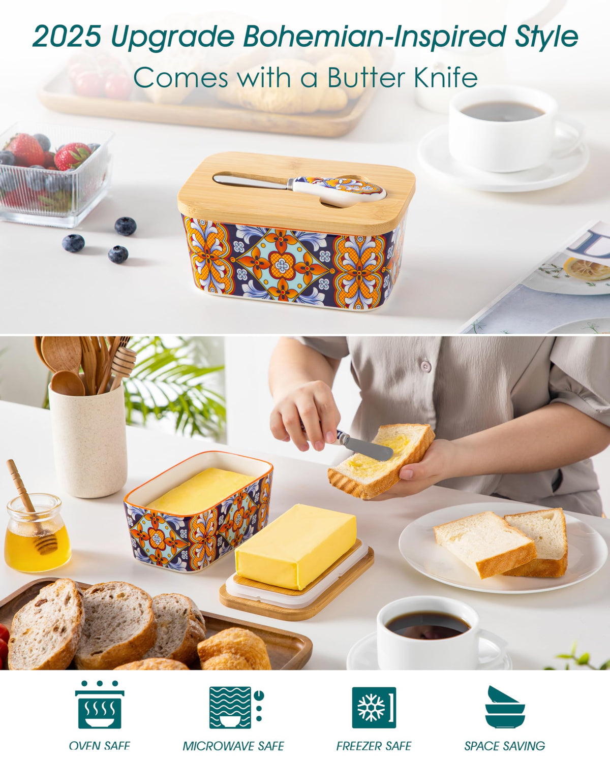 Vancasso SIMI bohemian ceramic pattern adds decorative charm to kitchen.