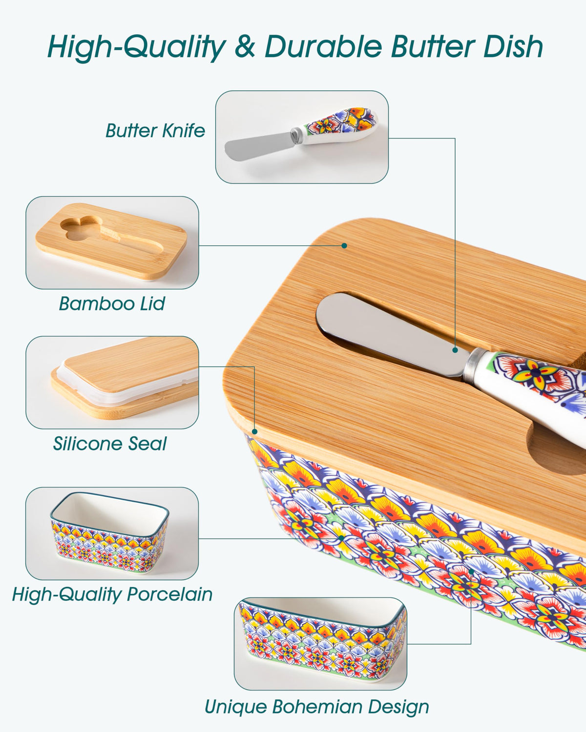 Vancasso SIMI butter dish measures 6.5 inches, fitting standard butter sticks.