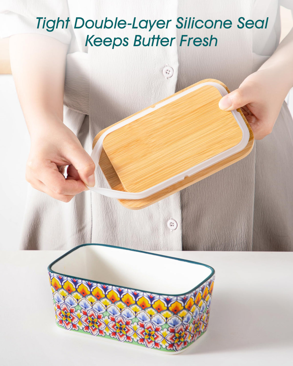 Vancasso SIMI butter dish features a bohemian pattern to brighten kitchen decor.