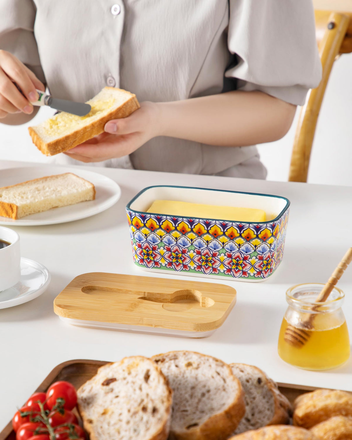 Gift-ready SIMI butter dish with vibrant bohemian design for gifting.