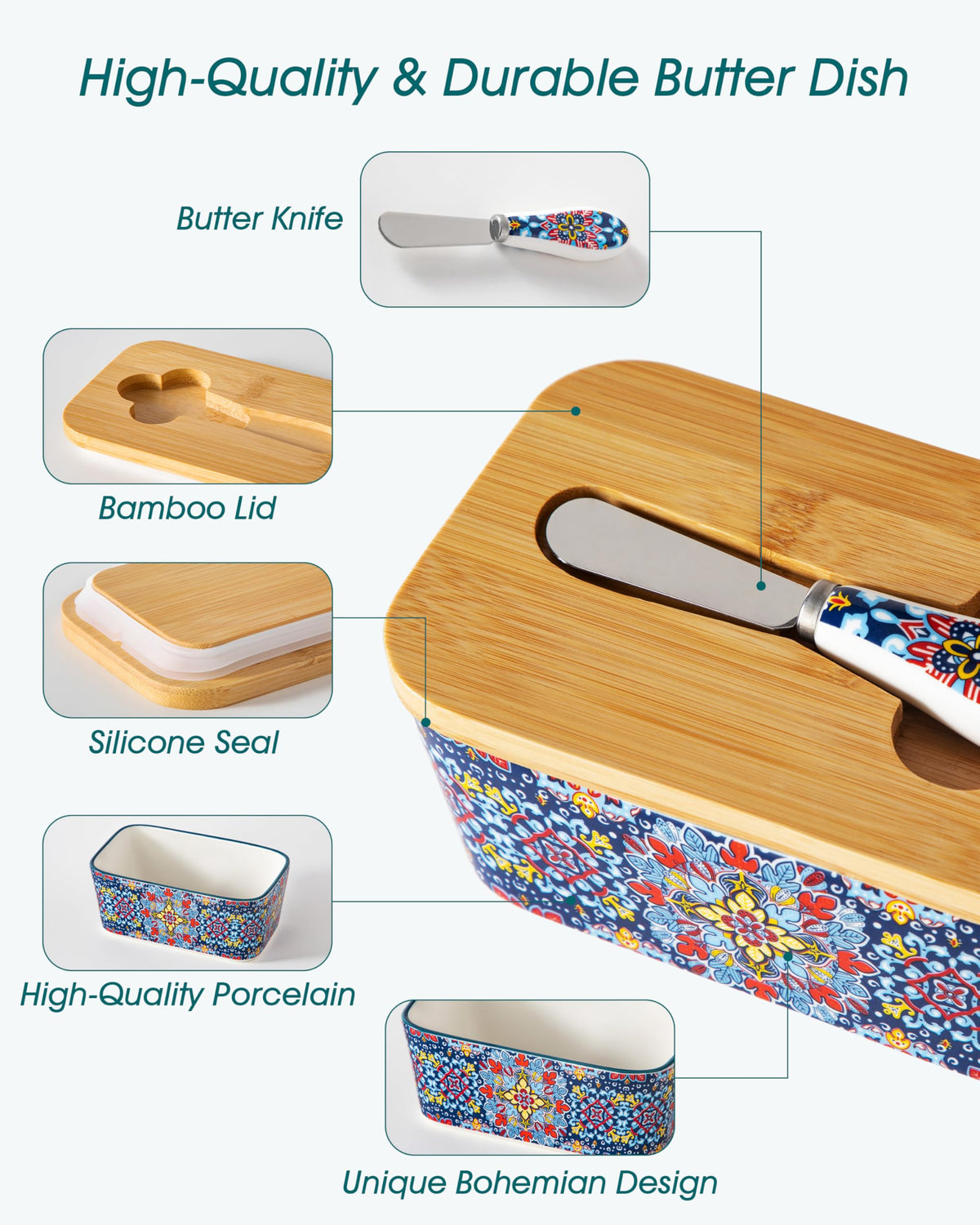 Vancasso SIMI porcelain butter dish has glossy glaze for easy cleaning.