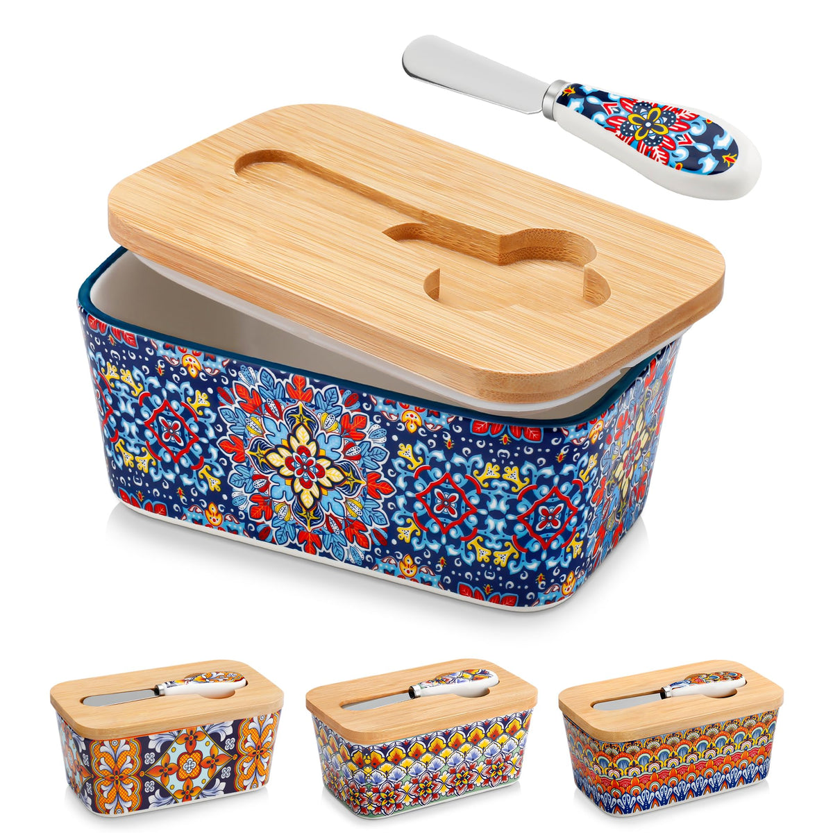 Vancasso SIMI butter dish with lid Twilight Bloom on counter keeps butter ready.
