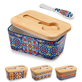Vancasso SIMI butter dish with lid Twilight Bloom on counter keeps butter ready.