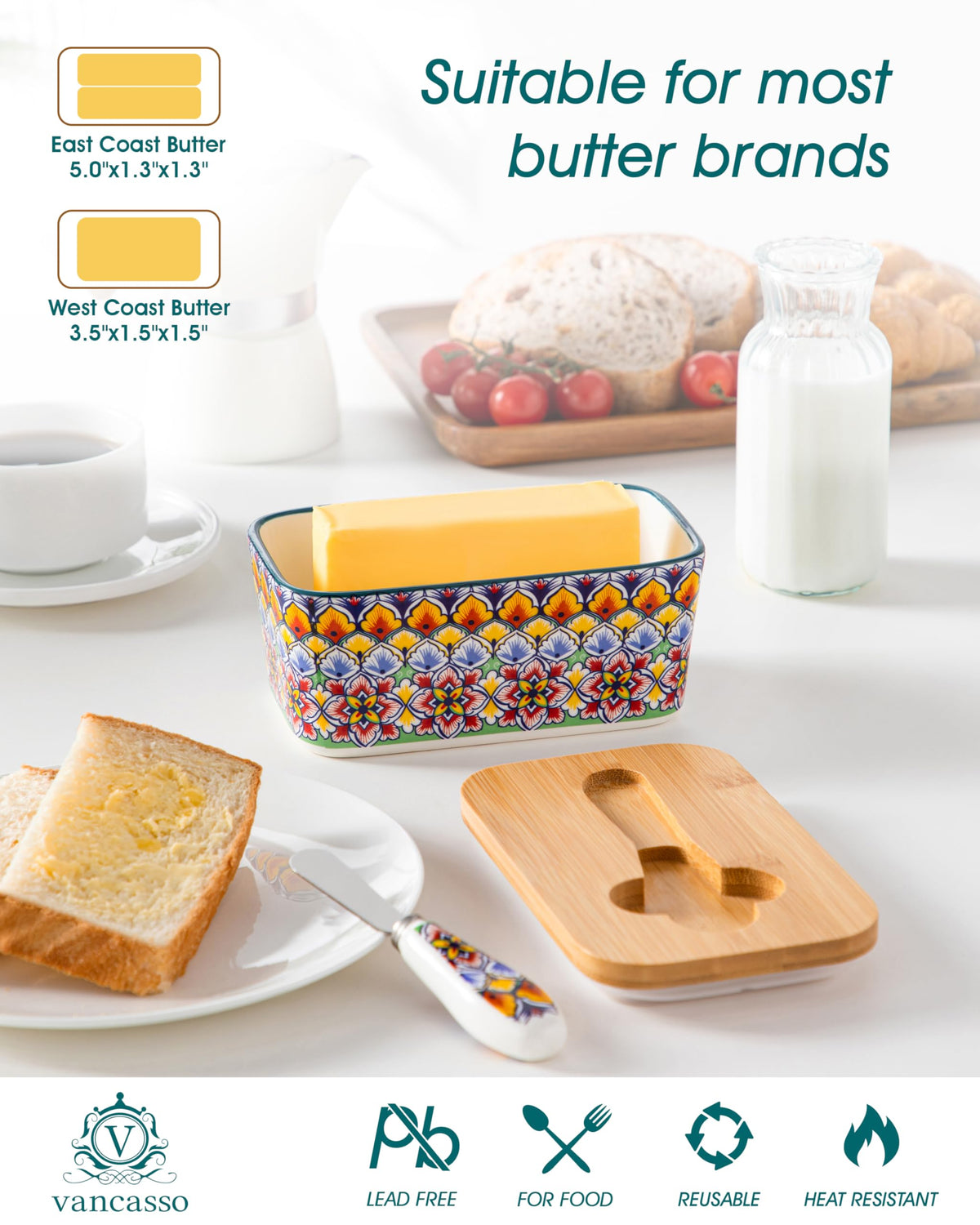 Vancasso SIMI butter dish with sealed bamboo lid and silicone ring for airtight storage.
