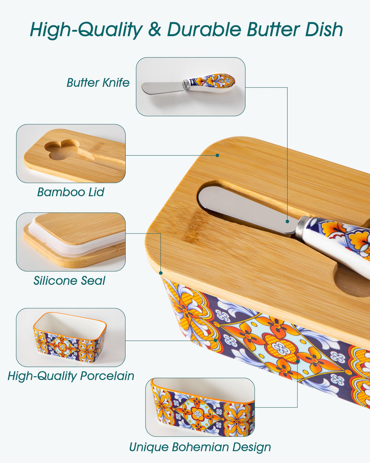 Vancasso SIMI butter dish on counter blends practicality with Bohemian style.