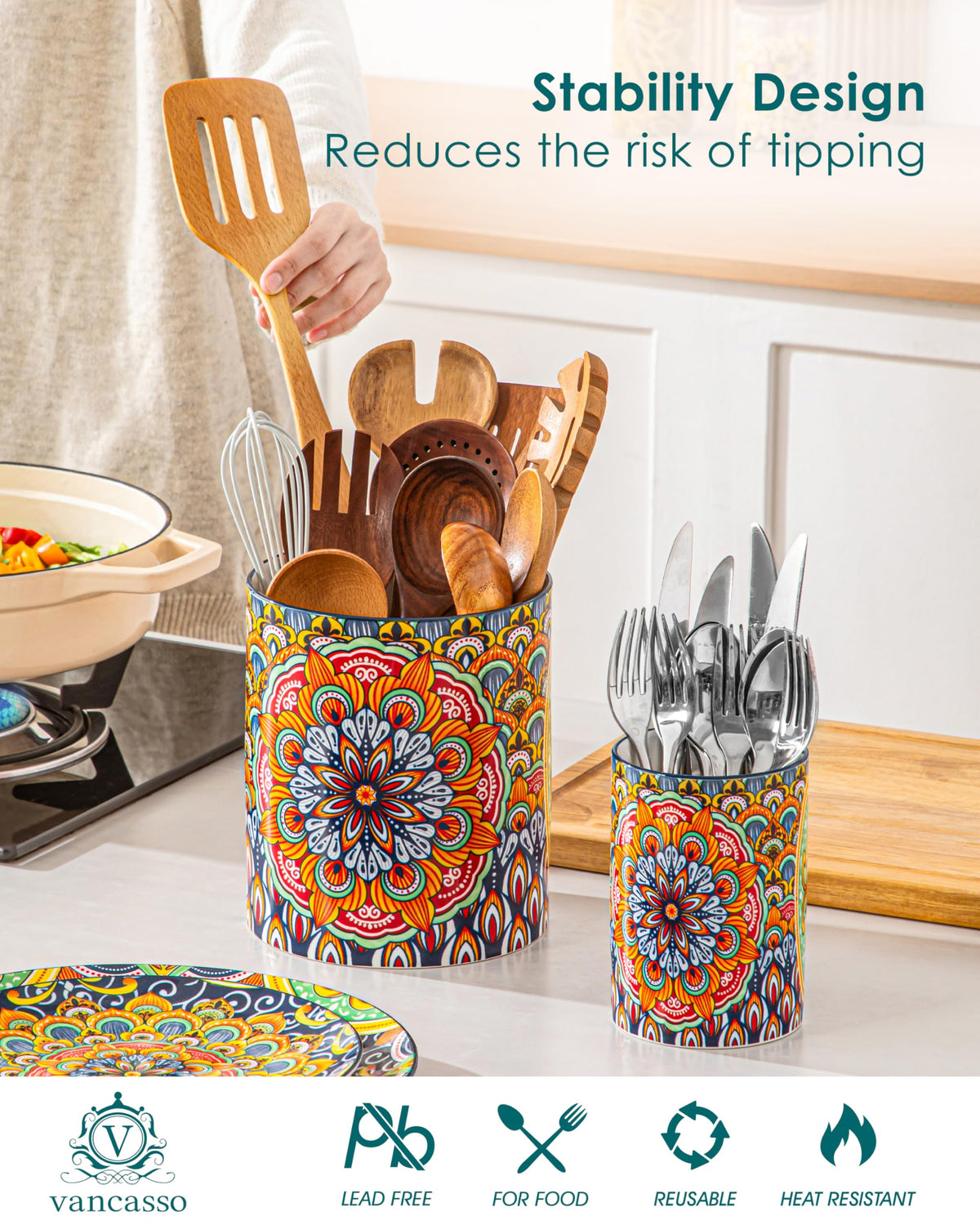 Vancasso SIMI bohemian-pattern holder adds color to a modern kitchen.