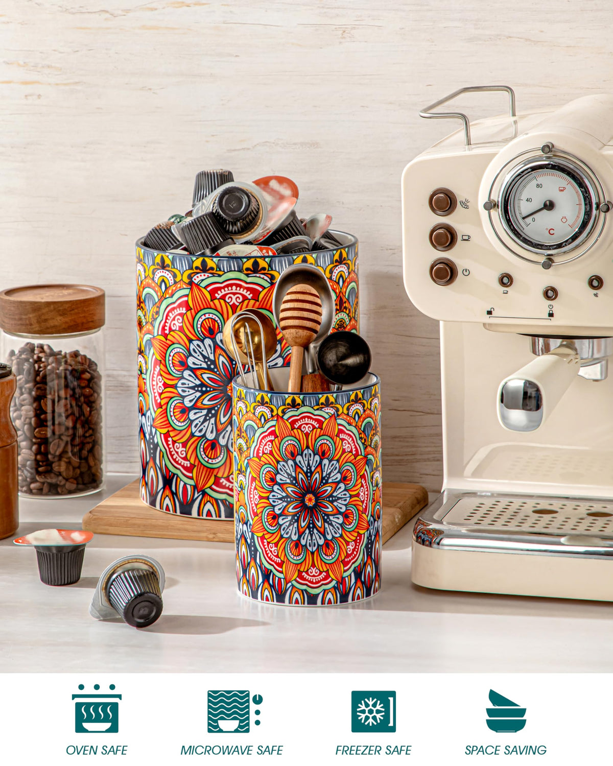 Vancasso SIMI utensil holder sits stably on countertops for easy access.