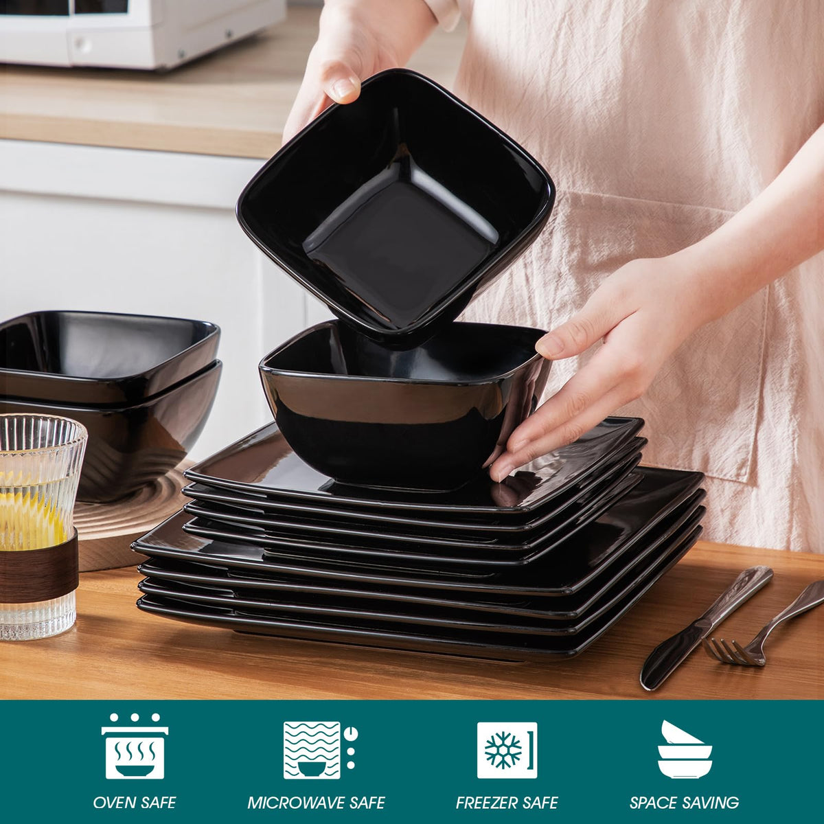 Vancasso Soho 12-piece black dinnerware set for four people.