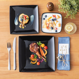 Table setting featuring Vancasso Soho square plates for everyday meals.