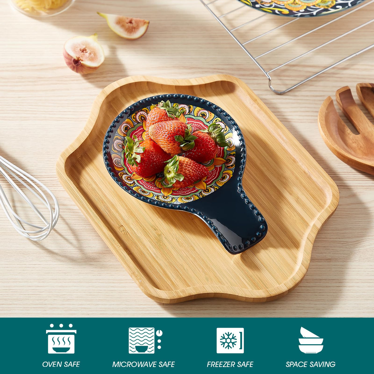 Vancasso spoon rest blue closeup reveals intricate bohemian pattern and glaze detail.