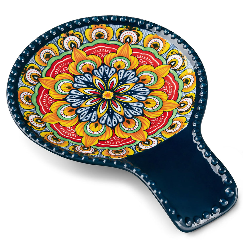 Vancasso 7.7 inch blue spoon rest on counter keeps utensils organized and easy to reach.