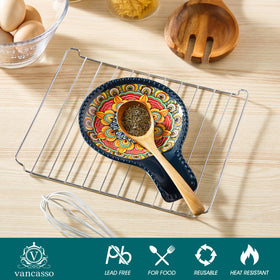 Vancasso spoon rest blue with utensils emphasized adds boho charm and easy cleanup.