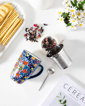 Stainless steel infuser traps loose leaves for clear tea.