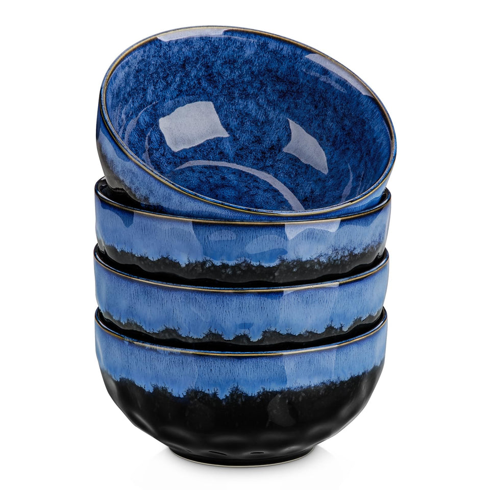 Vancasso Starry 24oz bowls stacked in blue glaze for space-saving kitchen storage.