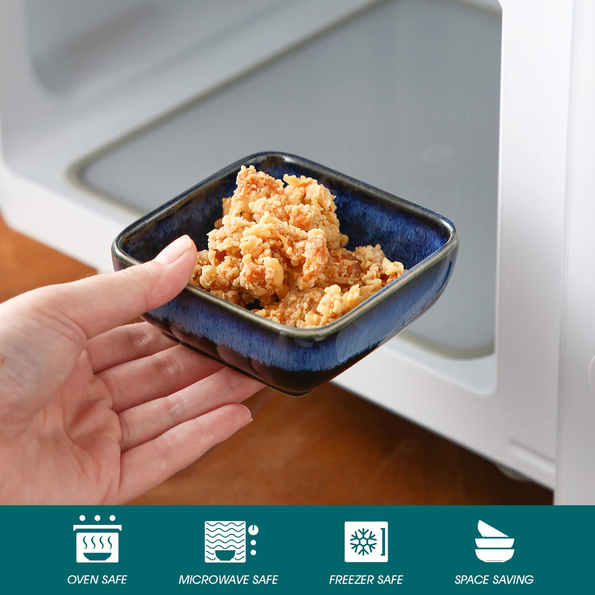 Vancasso Stern dipping bowls signaling microwave-safe utility for reheating small portions.