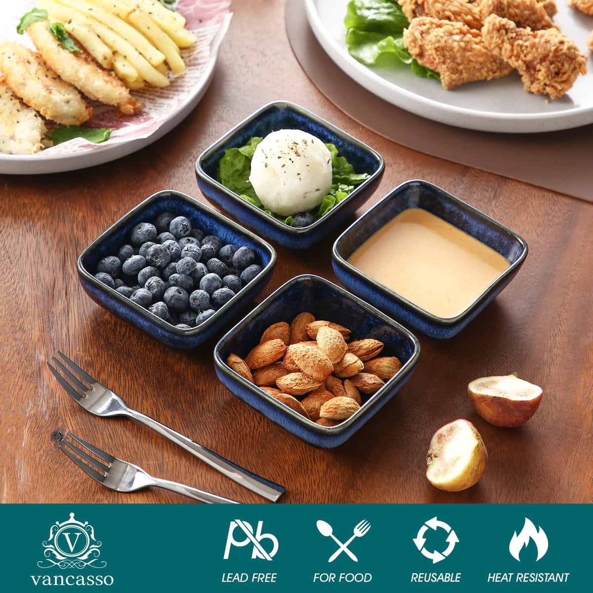 Vancasso Stern stoneware bowls emphasizing non-toxic, lead-free materials for safe serving.