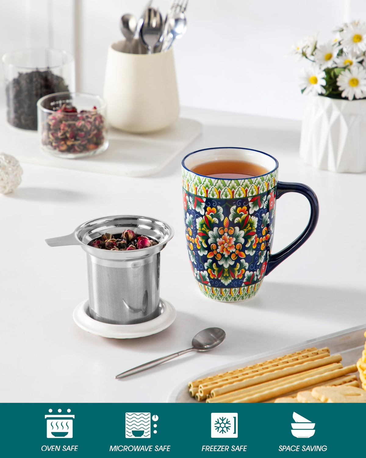 Vancasso tea mug with ergonomic handle fits comfortably in hand.