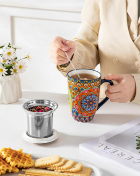 Versatile mug for tea, coffee, or fruit-infused water during commutes.
