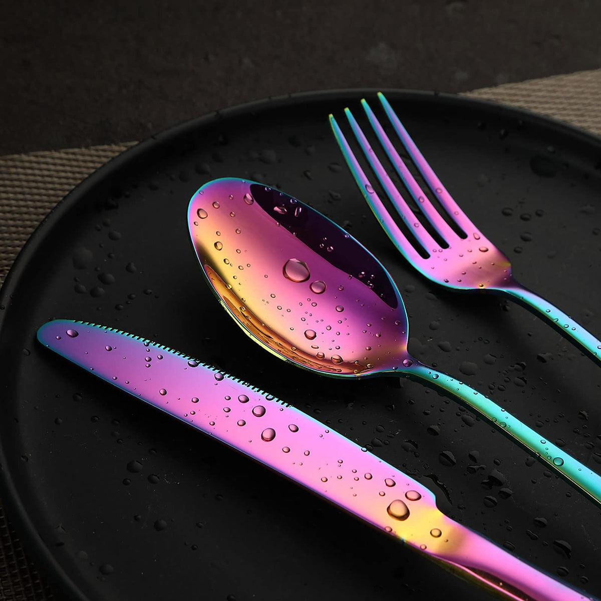 VANDBAO Rainbow flatware dining knife and fork with colorful handles for easy identification.