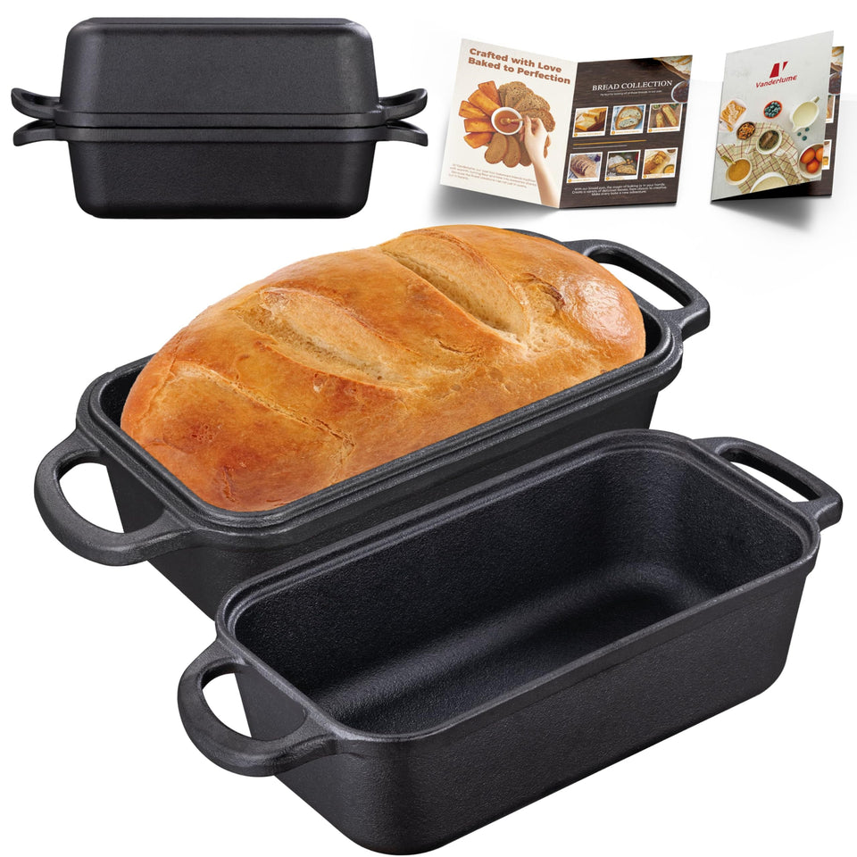 Vanderlume cast iron loaf pan with lid on, demonstrating sturdy construction for even baking.