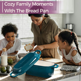 Vanderlume teal cookware doubles as a stylish kitchen centerpiece.
