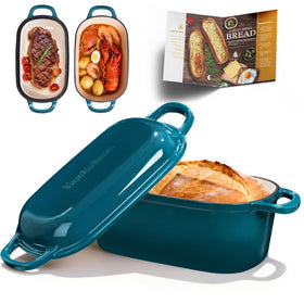 Vanderlume teal oval Dutch oven with lid for even baking and crispy crusts.
