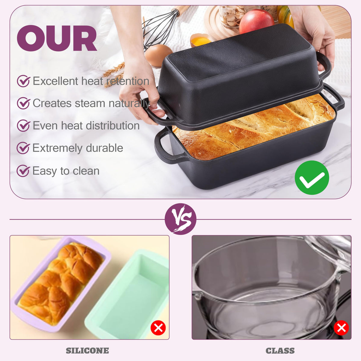 Lid-off Vanderlume loaf pan with bread, showing crust and soft crumb.