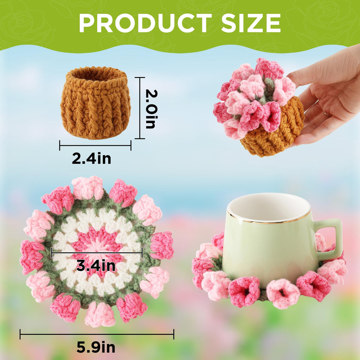 Vane Oak crochet coaster with 3D flowers enhances coffee table charm